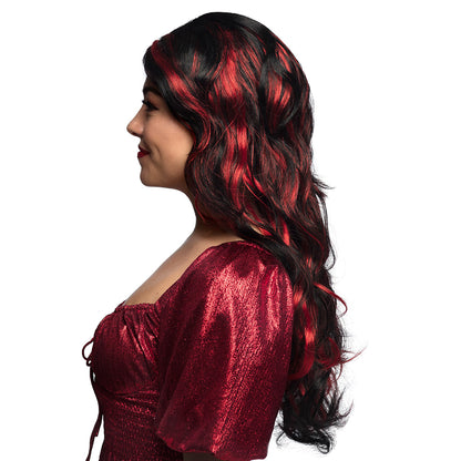 Perruque Longue Ondulée Noir et Rouge - Déguisement Femme