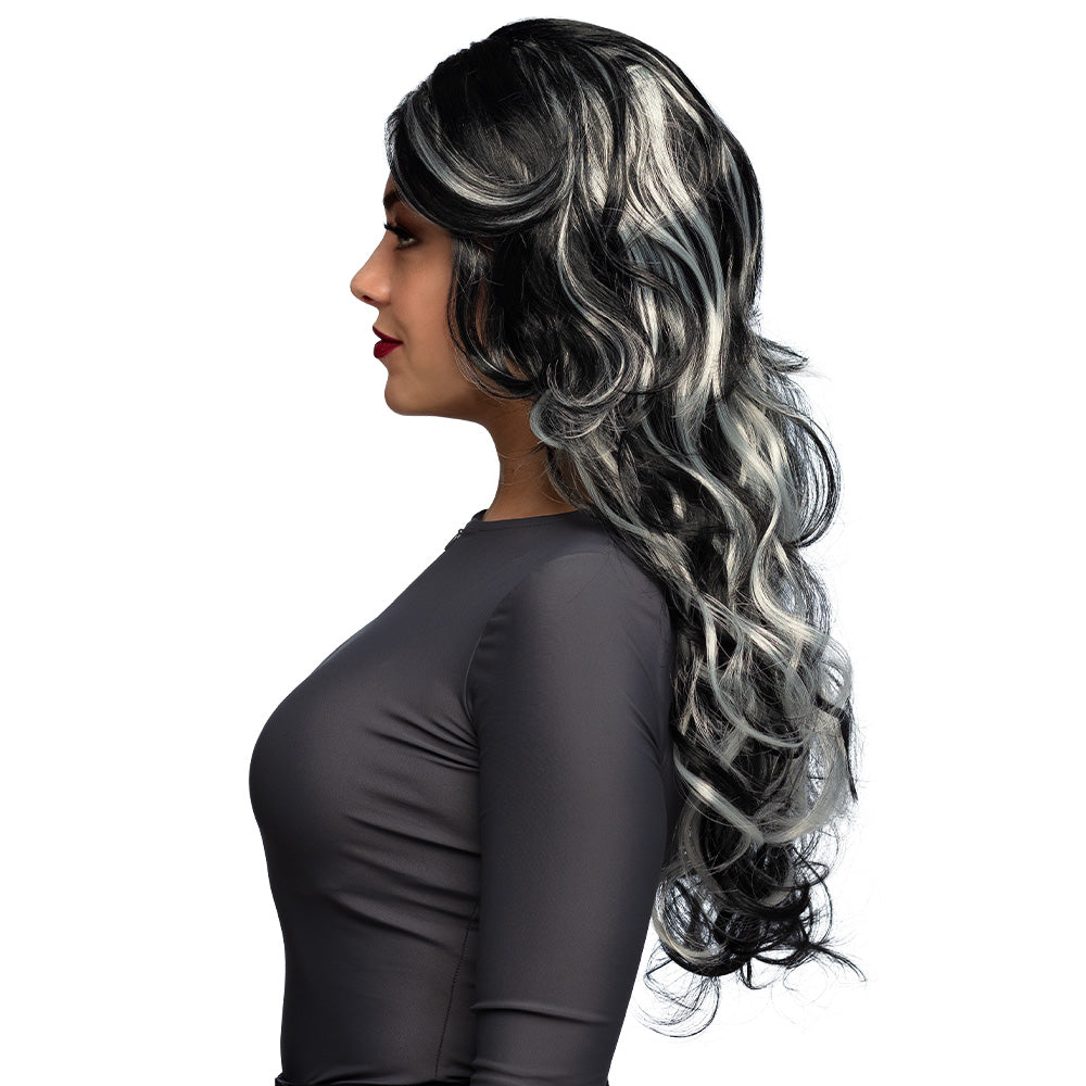 Perruque Noir et Gris Ondulée - Déguisement Gothique Chic