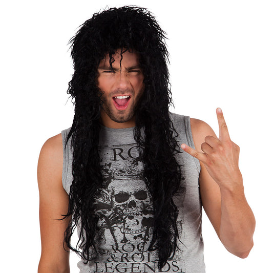 Perruque Longue Noire Cheveux Ondulés Rock 80 - Adulte