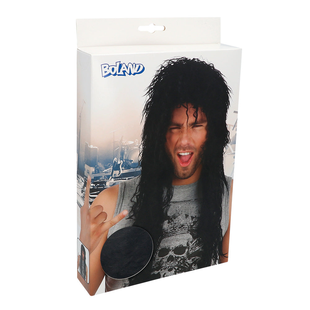 Perruque Longue Noire Cheveux Ondulés Rock 80 - Adulte