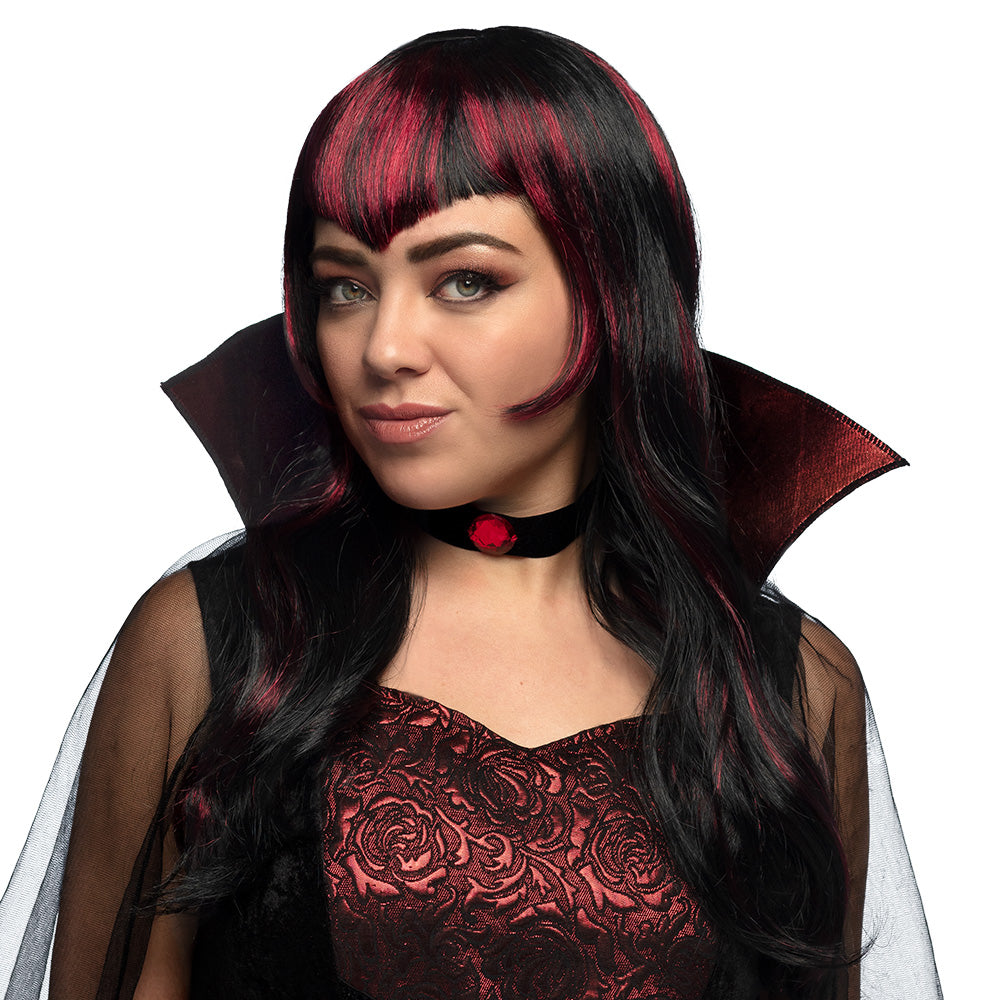 Perruque Vampire Noire et Rouge avec Bangs - Déguisement Gothique