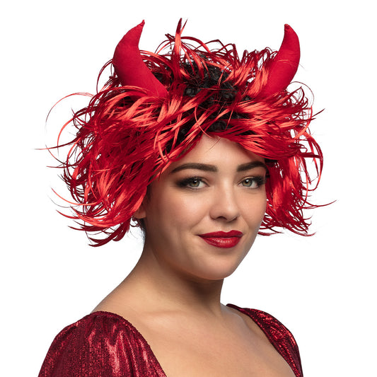 Perruque Diable Cornes Rouge Flamboyante - Déguisement Démon