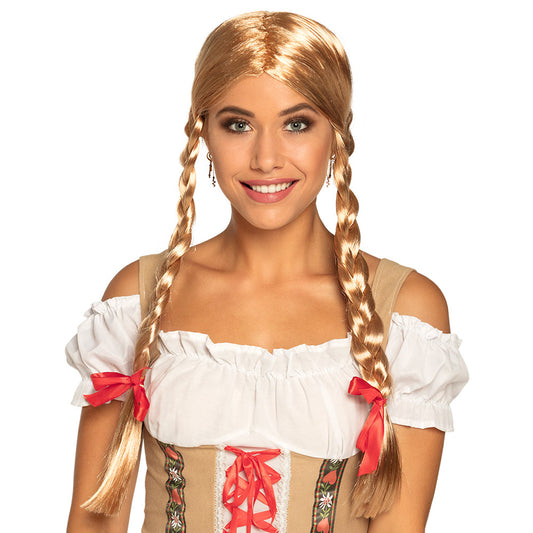 Perruque Bavaroise Blonde Tressée avec Nœuds Rouges