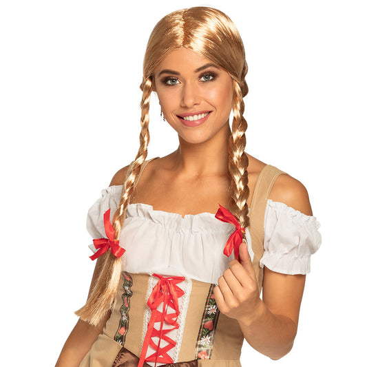 Perruque Bavaroise Blonde Tressée avec Nœuds Rouges