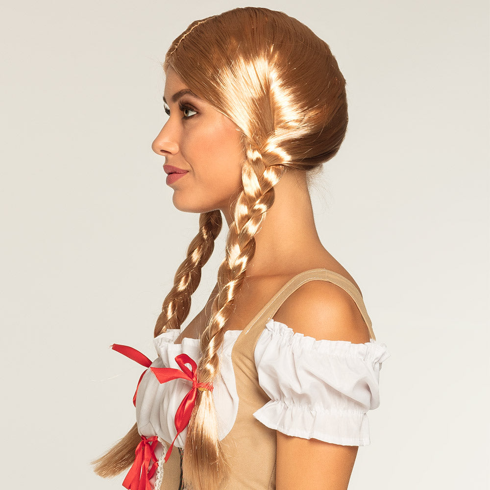 Perruque Bavaroise Blonde Tressée avec Nœuds Rouges