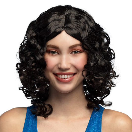 Perruque Bouclée Noire Années 80 - Coiffure Voluptueuse Disco