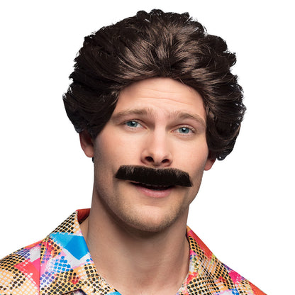 Perruque Années 70 Noire avec Moustache - Déguisement Disco