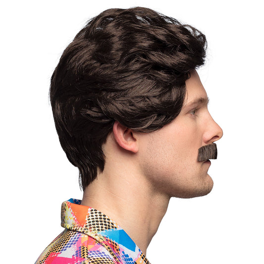 Perruque Années 70 Noire avec Moustache - Déguisement Disco
