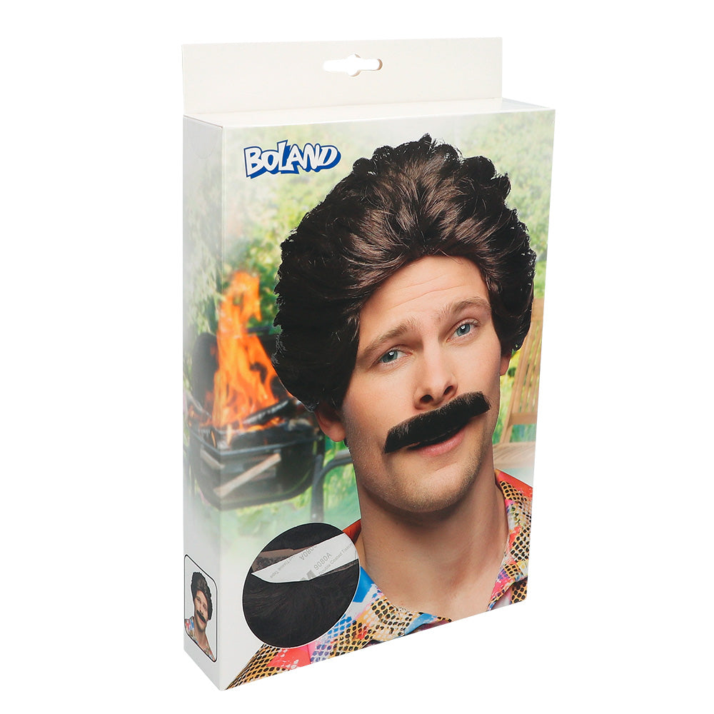 Perruque Années 70 Noire avec Moustache - Déguisement Disco