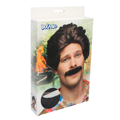 Perruque Années 70 Noire avec Moustache - Déguisement Disco