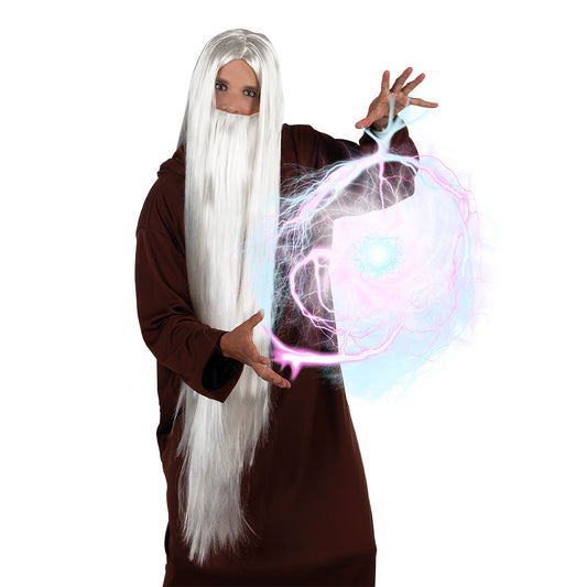 Perruque Magicien Blanc Long + Faux Effets Magiques