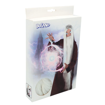 Perruque Magicien Blanc Long + Faux Effets Magiques