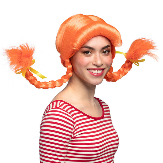 Perruque Pippi Longstocking Orange avec Tresses et Nœuds