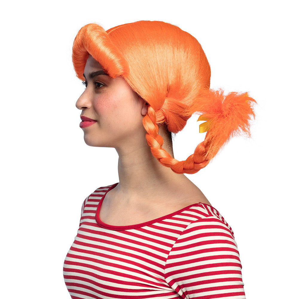 Perruque Pippi Longstocking Orange avec Tresses et Nœuds