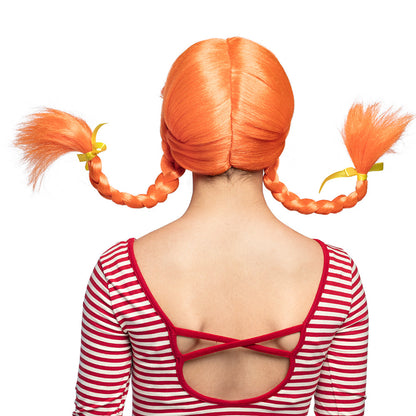 Perruque Pippi Longstocking Orange avec Tresses et Nœuds