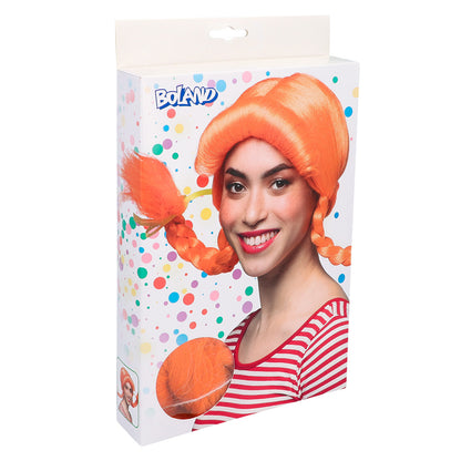 Perruque Pippi Longstocking Orange avec Tresses et Nœuds