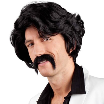 Perruque Années 70 Noire avec Moustache - Déguisement Rétro
