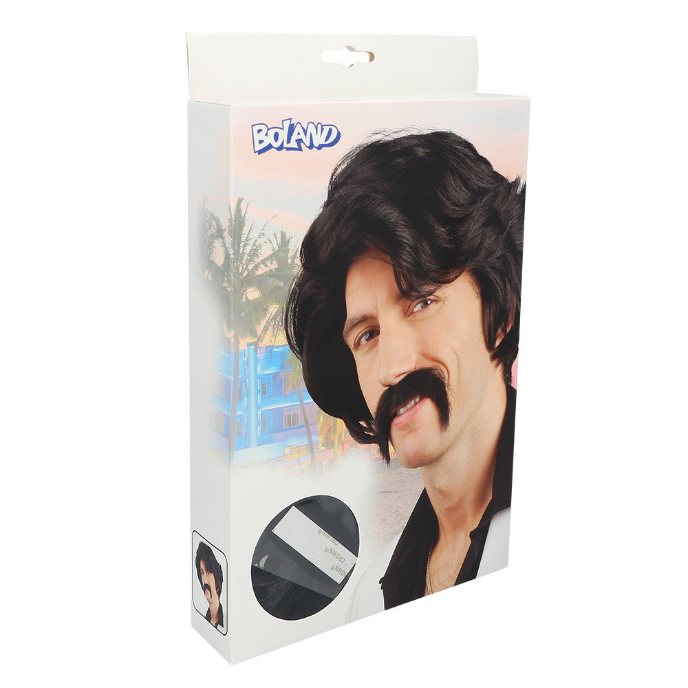 Perruque Années 70 Noire avec Moustache - Déguisement Rétro