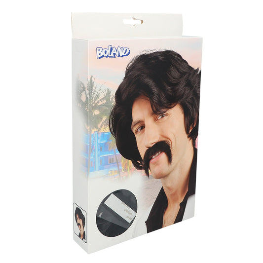 Perruque Années 70 Noire avec Moustache - Déguisement Rétro