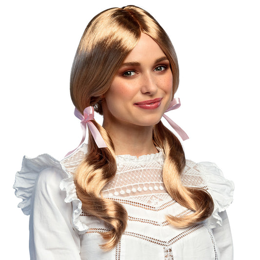 Perruque Blonde Ondulée avec Rubans Rose - Déguisement Années 70
