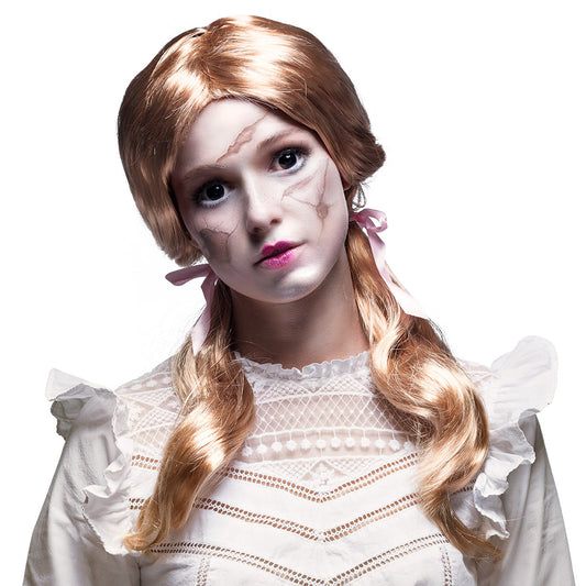 Perruque Blonde Ondulée avec Rubans Rose - Déguisement Années 70