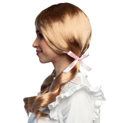 Perruque Blonde Ondulée avec Rubans Rose - Déguisement Années 70