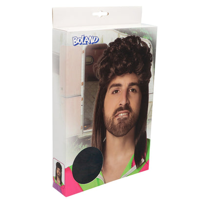 Perruque Mullet Années 80 Noir avec Barbe - Déguisement Rétro