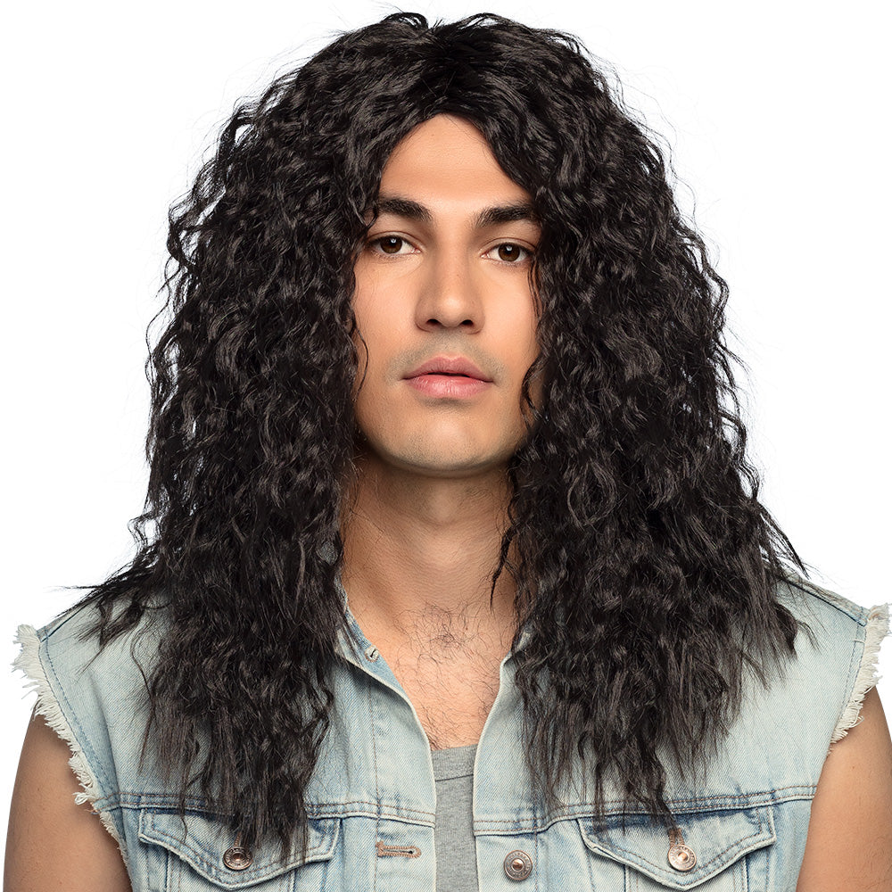 Perruque Longue Bouclée Noire pour Homme - Style Rock 80s