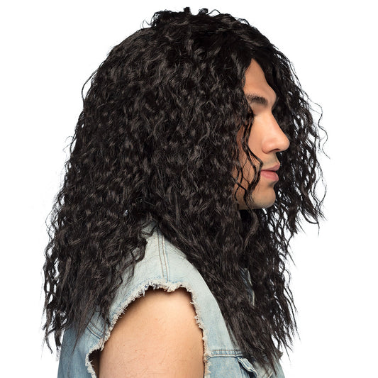 Perruque Longue Bouclée Noire pour Homme - Style Rock 80s