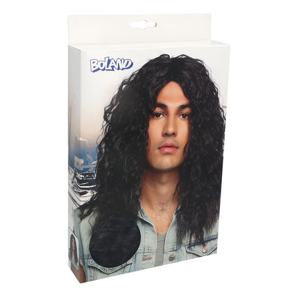 Perruque Longue Bouclée Noire pour Homme - Style Rock 80s