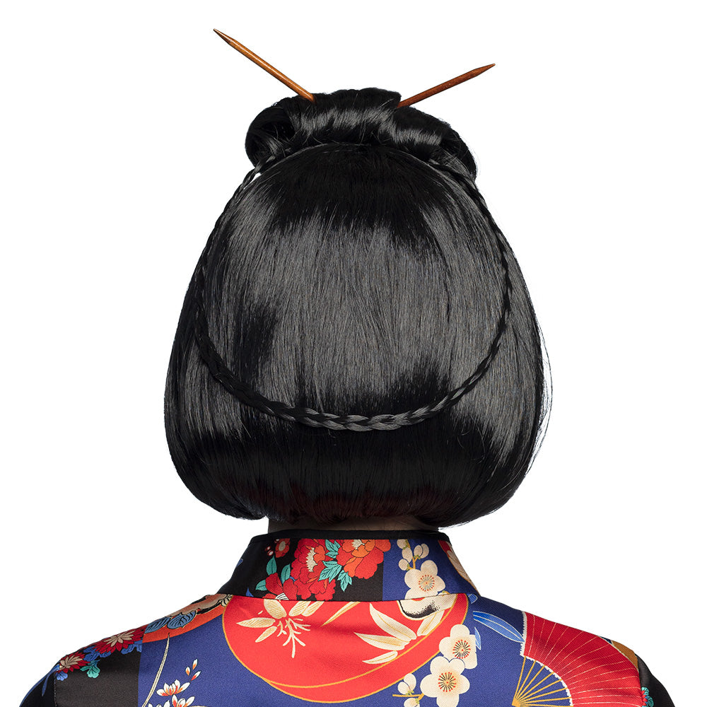 Perruque Asiatique Noire avec Chignon et Baguettes - Déguisement