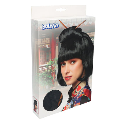 Perruque Asiatique Noire avec Chignon et Baguettes - Déguisement