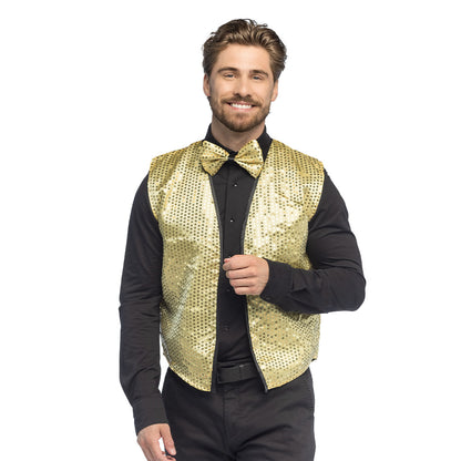 Gilet Paillettes Doré avec Nœud Papillon - Déguisement Disco Adulte