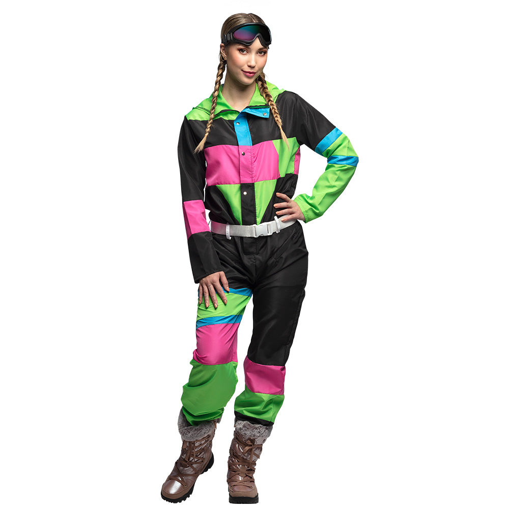 Combinaison Ski Rétro Années 80 Fluo Vert Rose Noir