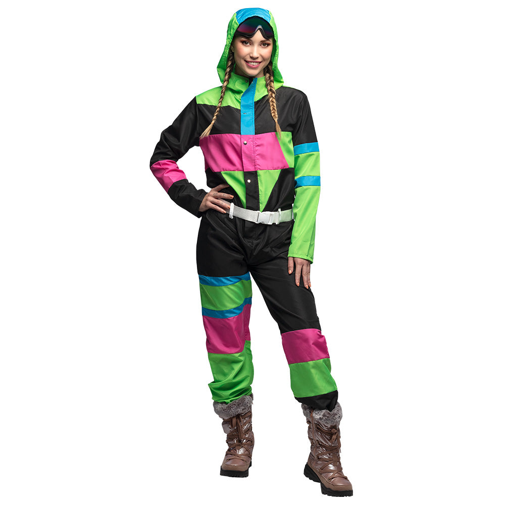 Combinaison Ski Rétro Années 80 Fluo Vert Rose Noir