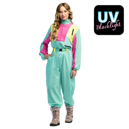 Combinaison Ski Rétro Années 80 Turquoise Fluo Blacklight