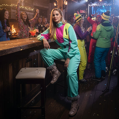 Combinaison Ski Rétro Années 80 Turquoise Fluo Blacklight