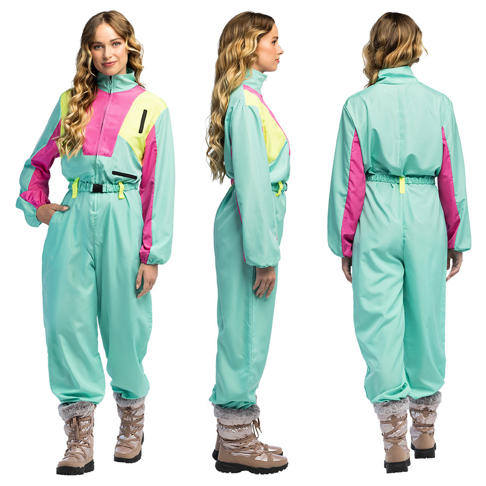 Combinaison Ski Rétro Années 80 Turquoise Fluo Blacklight