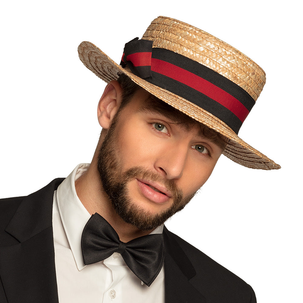 Chapeau de Paille Canotier Rayé Noir et Rouge - 58cm