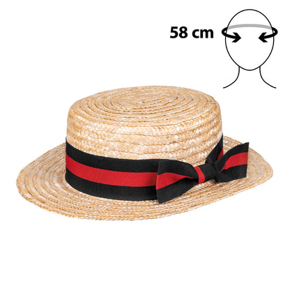 Chapeau de Paille Canotier Rayé Noir et Rouge - 58cm