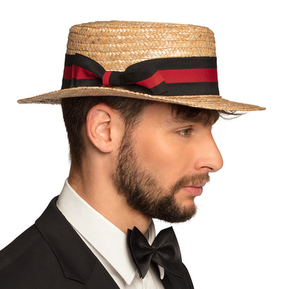 Chapeau de Paille Canotier Rayé Noir et Rouge - 58cm