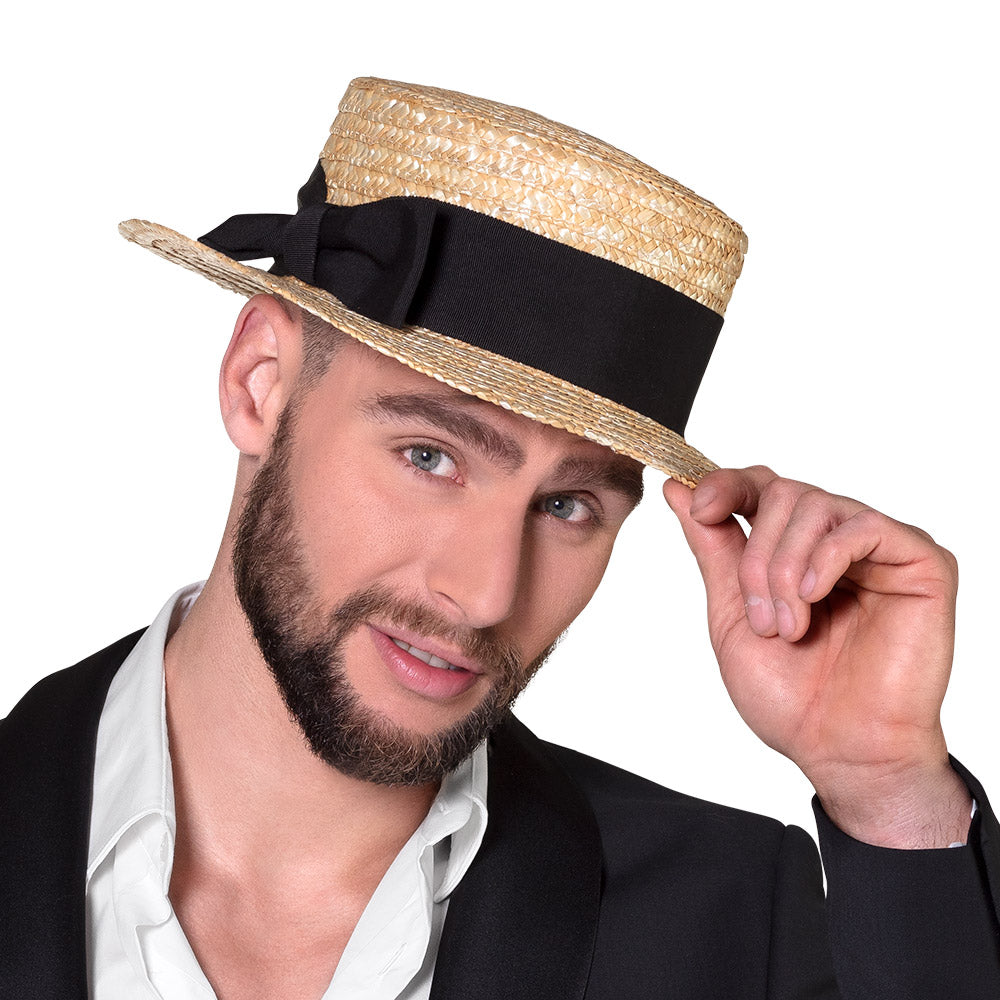 Chapeau de Paille Canotier avec Nœud Noir Élégant
