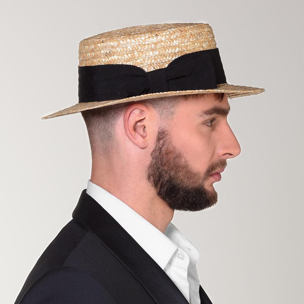 Chapeau de Paille Canotier avec Nœud Noir Élégant
