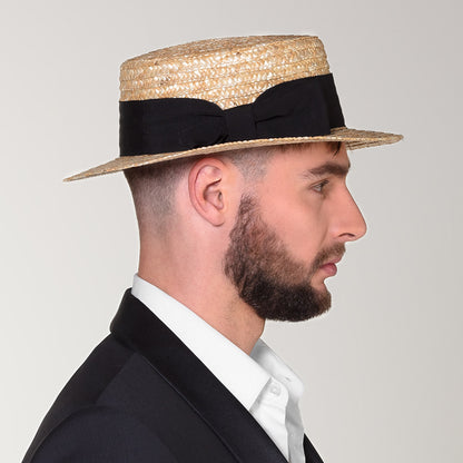 Chapeau de Paille Canotier avec Nœud Noir Élégant