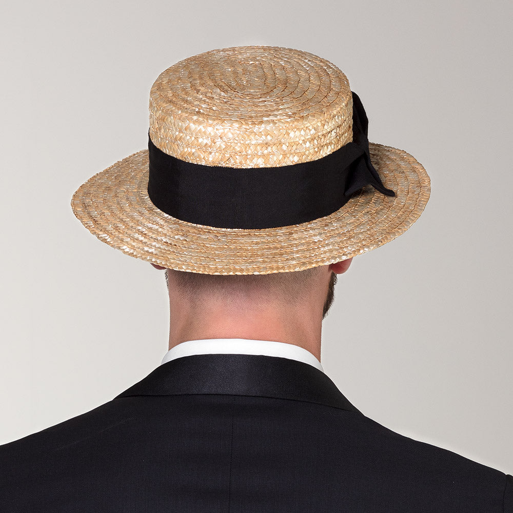 Chapeau de Paille Canotier avec Nœud Noir Élégant