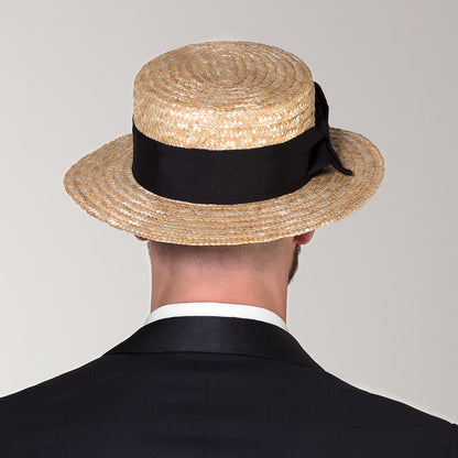 Chapeau de Paille Canotier avec Nœud Noir Élégant