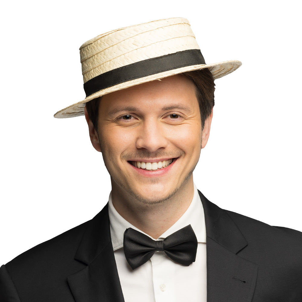 Chapeau de Paille Canotier Beige avec Ruban Noir 59cm