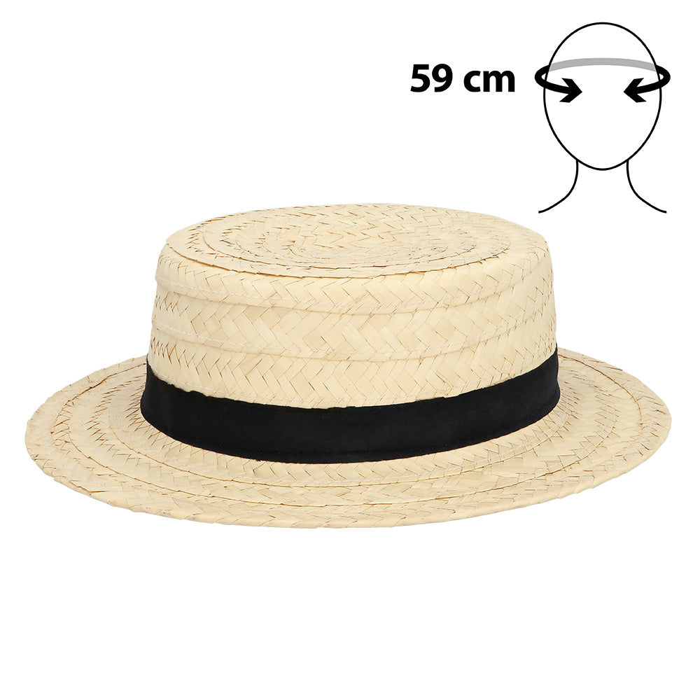 Chapeau de Paille Canotier Beige avec Ruban Noir 59cm