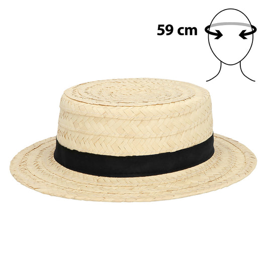 Chapeau de Paille Canotier Beige avec Ruban Noir 59cm