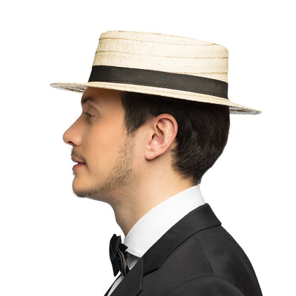 Chapeau de Paille Canotier Beige avec Ruban Noir 59cm